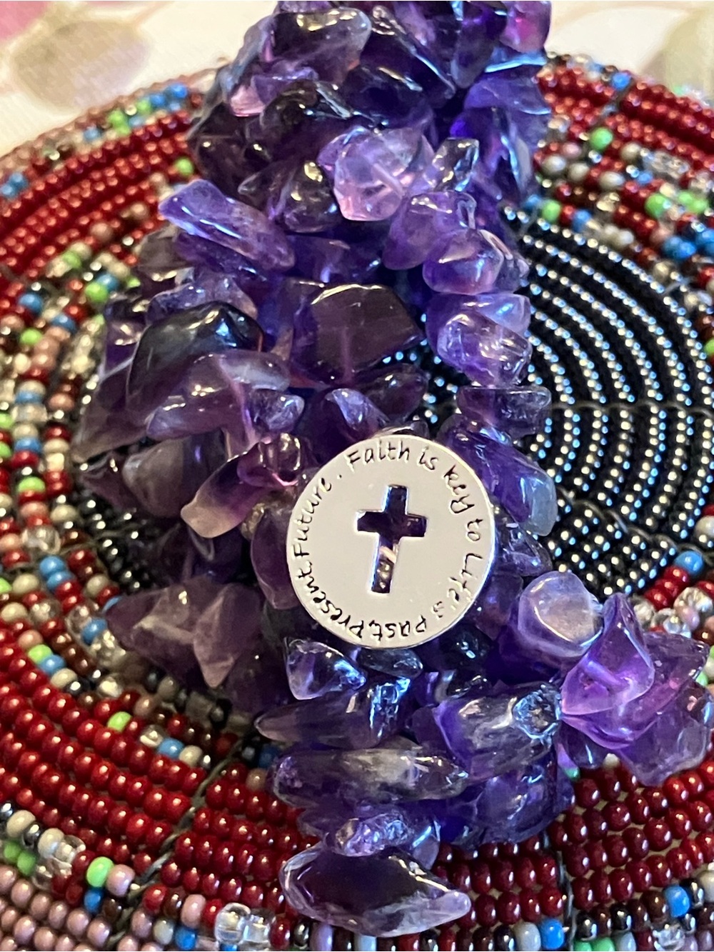 THREE STRANDS OF AMETHYST WITH MESSAGE BRACELET